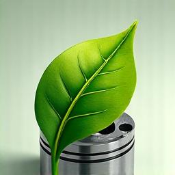 Conceptual image merging a car engine piston with a green leaf