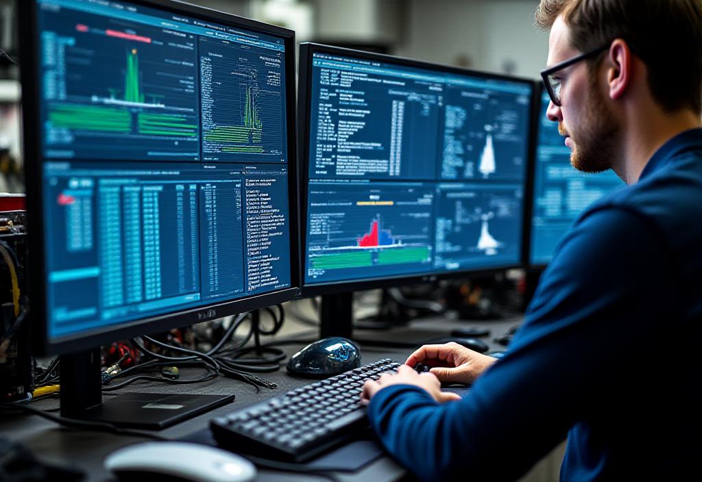 Computer screens displaying dyno graphs and engine telemetry
